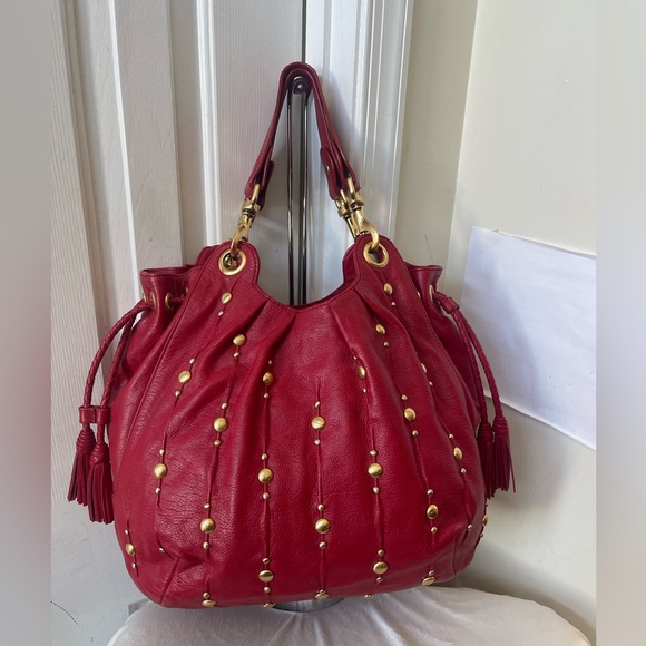 Isabelle Fiore Red Leather Studded Handbag EUC - Picture 10 of 15